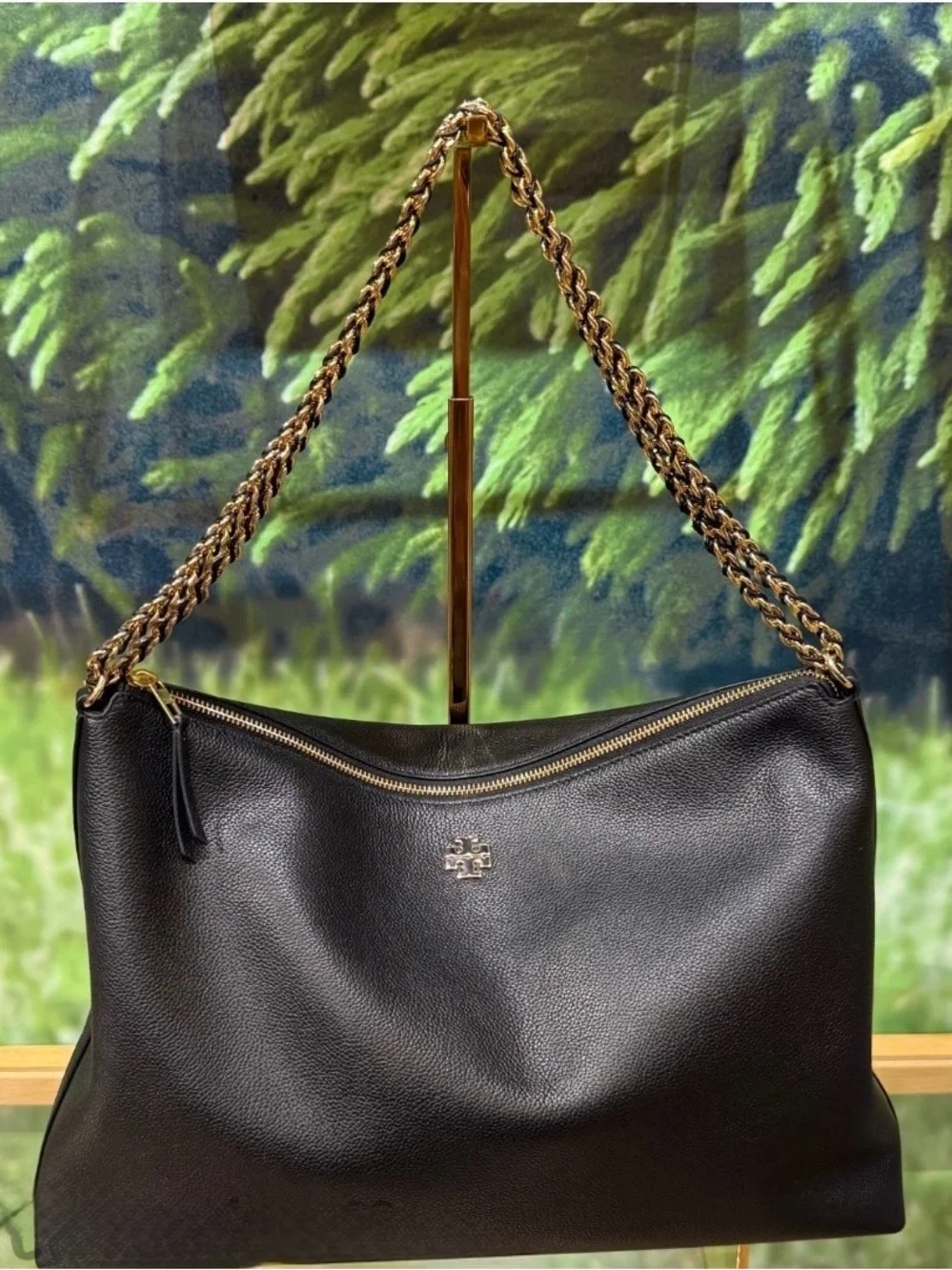 Tory Burch Black Pebbled Leather Shoulder Bag with Gold Chain Strap
